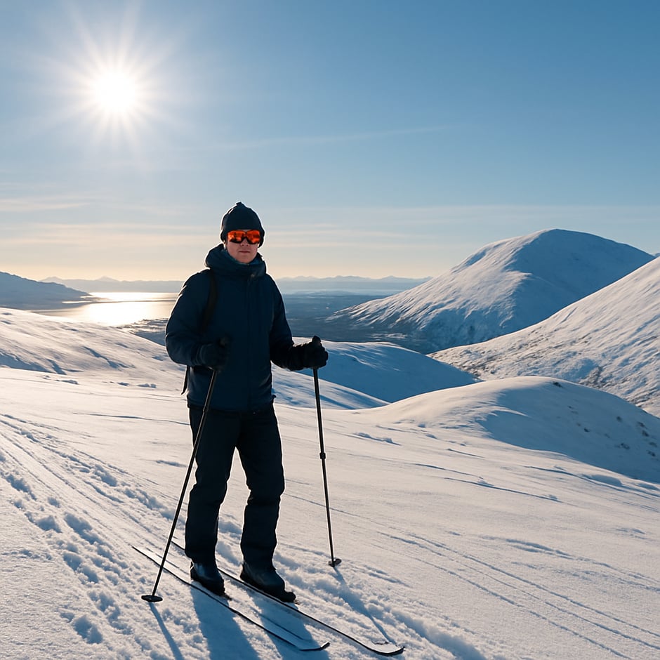 photographic Lomakuva hiihtolomalta kauniissa tunturimaisemassa jossa hohtaa jo kevn aurinko ja eteln rannat taivaanrannassa
